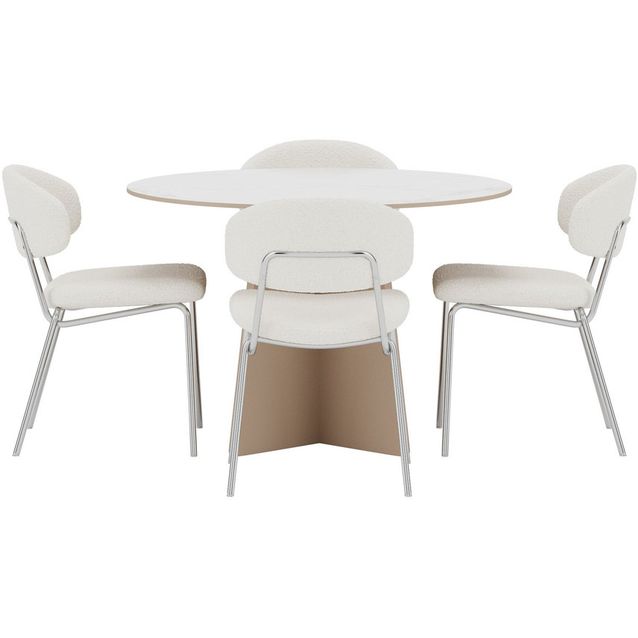Ruokailuryhmä Venture Home, Bootcut-pöytä Ø110x75cm beige kivikuvio + 4 Chico-tuolia valkoinen