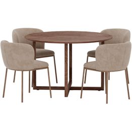 Ruokailuryhmä Venture Home, Durango-pöytä Ø120x75cm pähkinä 3D + 4 Edina-tuolia beige sametti
