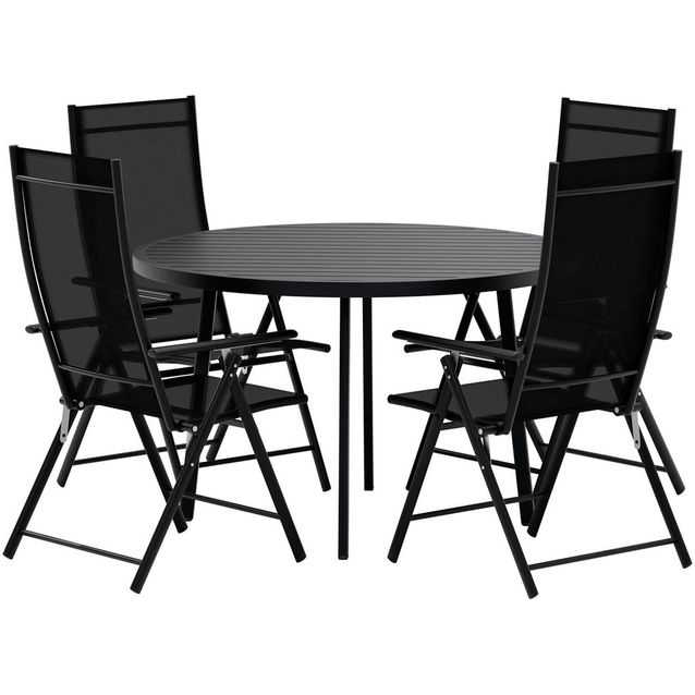 Ruokailuryhmä ulos Venture Home, musta Giardini-pöytä Ø120cm + 4 mustaa Levanzo-tuolia