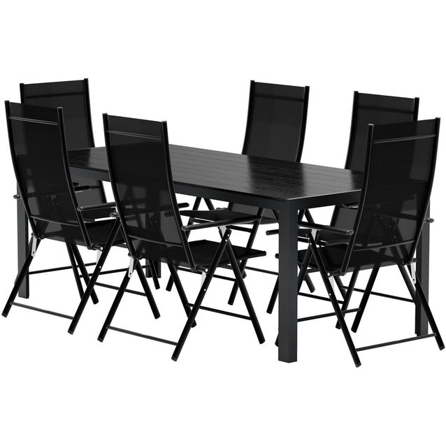 Ruokailuryhmä ulos Venture Home, musta Break-pöytä 205x90cm + 6 mustaa Levanzo-tuolia