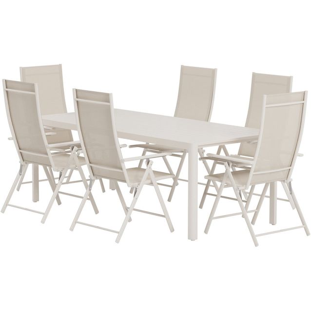 Ruokailuryhmä ulos Venture Home, beige Giardini-pöytä 200x90cm + 6 beigeä Levanzo-tuolia