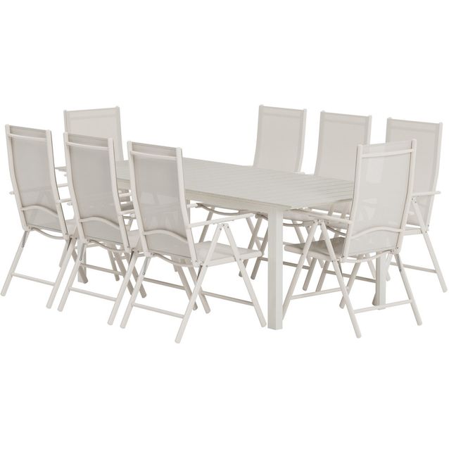 Ruokailuryhmä ulos Venture Home, beige Levels-pöytä 229x100cm + 8 beigeä Break-tuolia