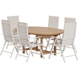 Ruokailuryhmä ulos Venture Home, luonnollisenvärinen Kenya-pöytä 180x120cm + 6 beigeä Break-tuolia