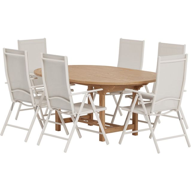 Ruokailuryhmä ulos Venture Home, luonnollisenvärinen Kenya-pöytä 180x120cm + 6 beigeä Break-tuolia