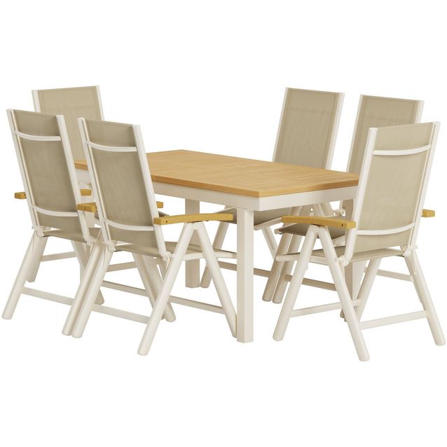 Ruokailuryhmä ulos Venture Home, luonnollisenvärinen Panama-pöytä 160x90cm + 6 beigeä Panama-tuolia