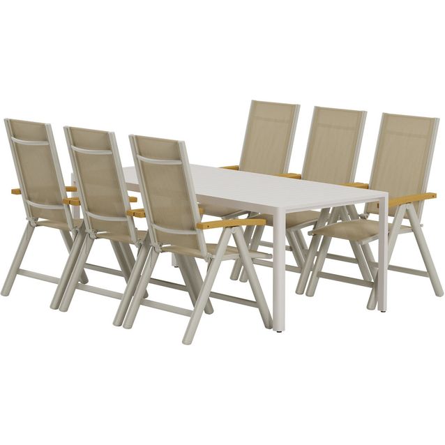 Ruokailuryhmä ulos Venture Home, beige Giardini-pöytä 200x90cm + 6 beigeä Panama-tuolia