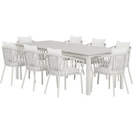 Ruokailuryhmä ulos Venture Home, beige Levels-pöytä 229x100cm + 8 valkoista Linos-tuolia