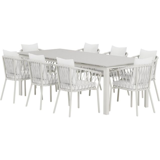 Ruokailuryhmä ulos Venture Home, beige Levels-pöytä 229x100cm + 8 valkoista Linos-tuolia