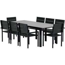 Ruokailuryhmä ulos Venture Home, musta Levels-pöytä 229x100cm + 8 mustaa Levels-tuolia