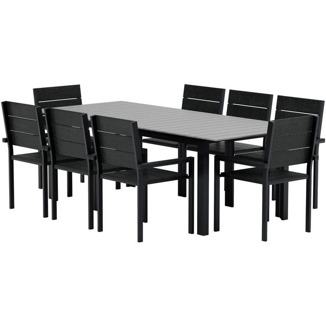 Ruokailuryhmä ulos Venture Home, musta Levels-pöytä 229x100cm + 8 mustaa Levels-tuolia