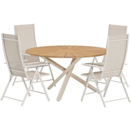 Ruokailuryhmä ulos Venture Home, luonnollisenvärinen Mexico-pöytä Ø140cm + 4 beigeä Levanzo-tuolia