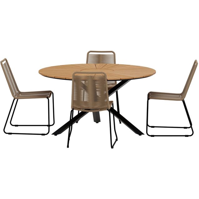 Ruokailuryhmä ulos Venture Home, musta Mexico-pöytä Ø140cm + 4 ruskeaa Lindos-tuolia