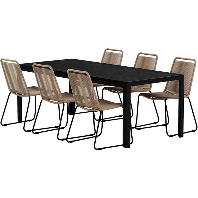 Ruokailuryhmä ulos Venture Home, musta Mirko-pöytä 205x90cm + 6 ruskeaa Lindos-tuolia