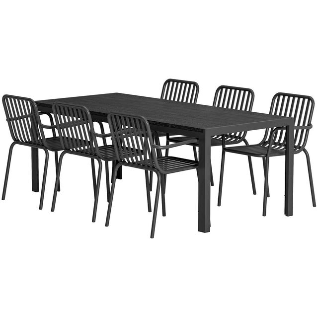 Ruokailuryhmä ulos Venture Home, musta Mirko-pöytä 205x90cm + 6 mustaa Peking-tuolia