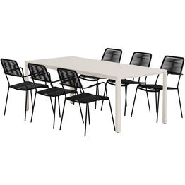 Ruokailuryhmä ulos Venture Home, beige Giardini-pöytä 200x90cm + 6 mustaa Lindos-tuolia