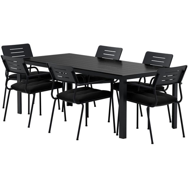 Ruokailuryhmä ulos Venture Home, musta Break-pöytä 205x90cm + 6 mustaa Nicke-tuolia