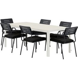 Ruokailuryhmä ulos Venture Home, beige Mirko-pöytä 205x90cm + 6 mustaa Nicke-tuolia