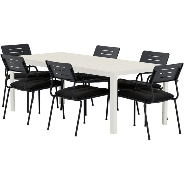 Ruokailuryhmä ulos Venture Home, beige Mirko-pöytä 205x90cm + 6 mustaa Nicke-tuolia