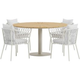 Ruokailuryhmä ulos Venture Home, beige Croft-pöytä Ø120cm + 4 valkoista Linos-tuolia