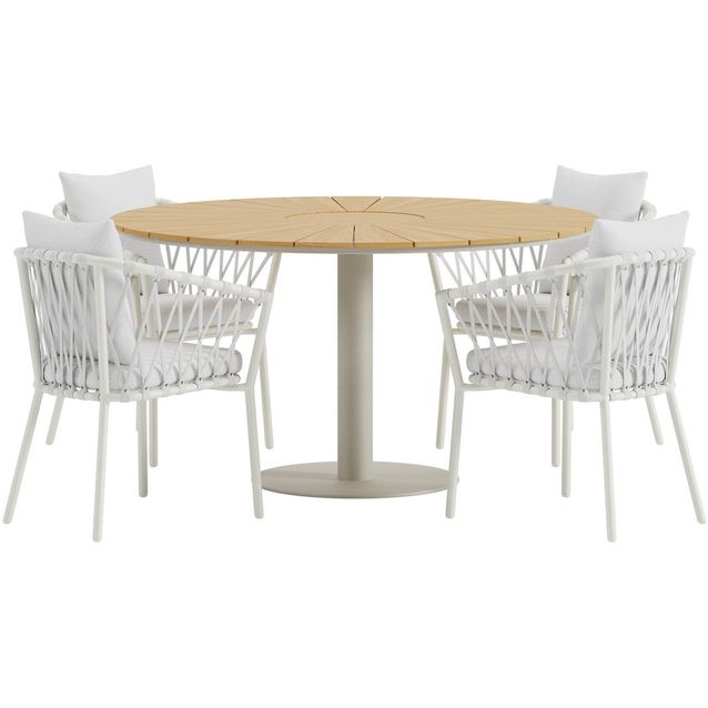 Ruokailuryhmä ulos Venture Home, beige Croft-pöytä Ø120cm + 4 valkoista Linos-tuolia