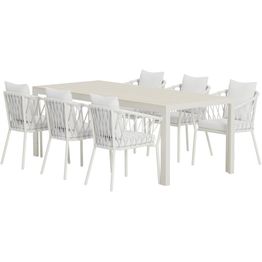 Ruokailuryhmä ulos Venture Home, beige Mirko-pöytä 205x90cm + 6 valkoista Linos-tuolia