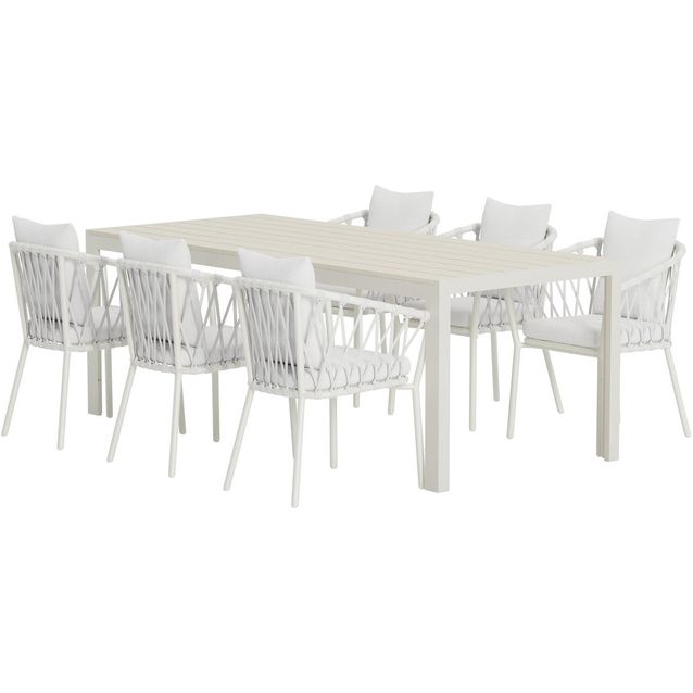 Ruokailuryhmä ulos Venture Home, beige Mirko-pöytä 205x90cm + 6 valkoista Linos-tuolia