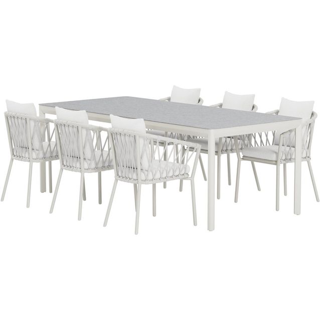 Ruokailuryhmä ulos Venture Home, beige Lino-pöytä 220x100cm + 6 valkoista Linos-tuolia