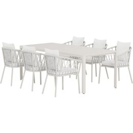 Ruokailuryhmä ulos Venture Home, beige Giardini-pöytä 200x90cm + 6 valkoista Linos-tuolia