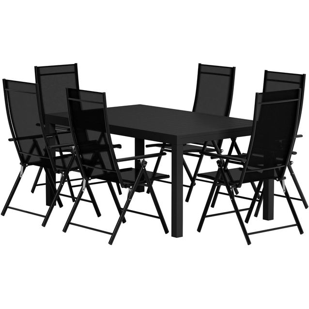 Ruokailuryhmä ulos Venture Home, musta Capo-pöytä 160x100cm + 6 mustaa Levanzo-tuolia