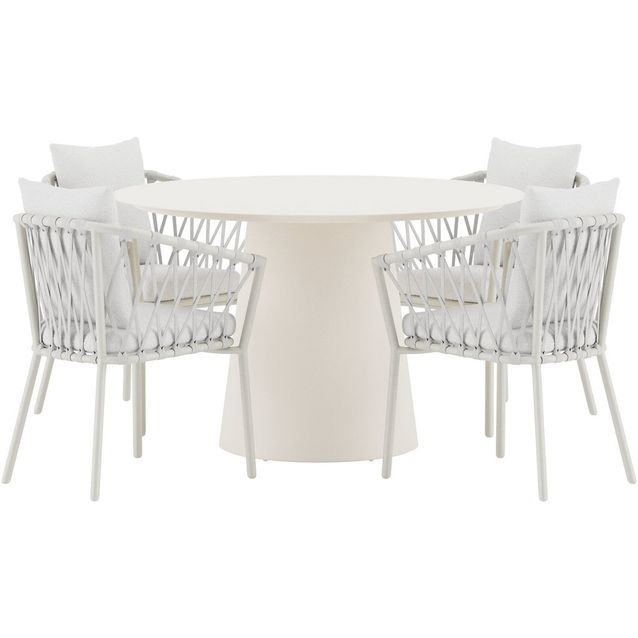 Ruokailuryhmä ulos Venture Home, beige Lanzo-pöytä Ø120cm + 4 valkoista Linos-tuolia