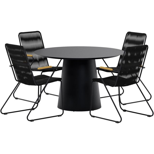 Ruokailuryhmä ulos Venture Home, musta Lanzo-pöytä Ø120cm + 4 mustaa Bois-tuolia