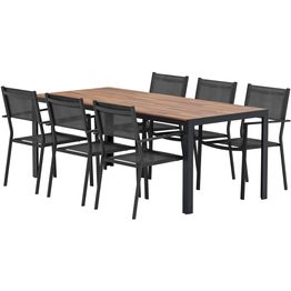 Ruokailuryhmä ulos Venture Home, luonnollisenvärinen Bois-pöytä 205x90cm + 6 mustaa Copacabana-tuolia
