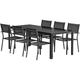 Ruokailuryhmä ulos Venture Home, musta Break-pöytä 205x90cm + 6 mustaa Copacabana-tuolia