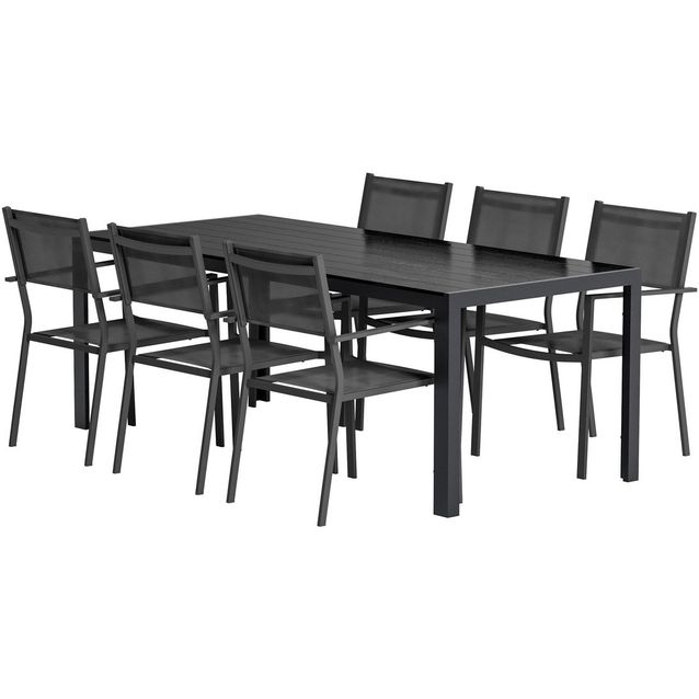 Ruokailuryhmä ulos Venture Home, musta Break-pöytä 205x90cm + 6 mustaa Copacabana-tuolia