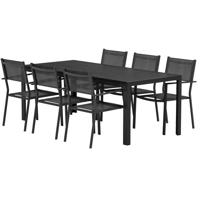 Ruokailuryhmä ulos Venture Home, musta Mirko-pöytä 205x90cm + 6 mustaa Copacabana-tuolia
