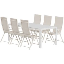 Ruokailuryhmä ulos Venture Home, valkoinen Break-pöytä 205x90cm + 6 beigeä Levanzo-tuolia