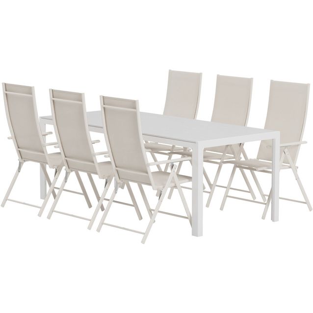 Ruokailuryhmä ulos Venture Home, valkoinen Break-pöytä 205x90cm + 6 beigeä Levanzo-tuolia