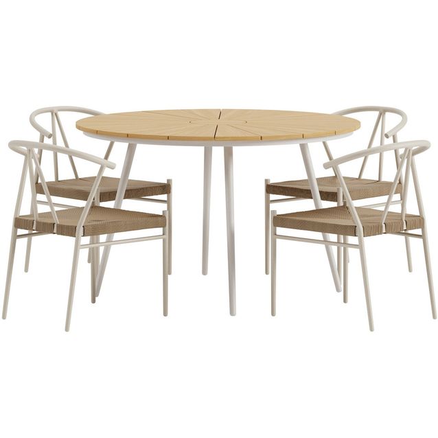 Ruokailuryhmä ulos Venture Home, beige San-pöytä Ø120cm + 4 beigeä Alfons-tuolia