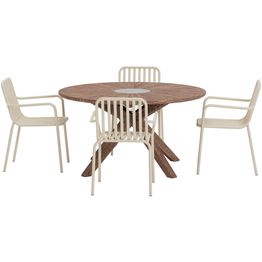 Ruokailuryhmä ulos Venture Home, ruskea Rosario-pöytä Ø140cm + 4 beigeä Peking-tuolia