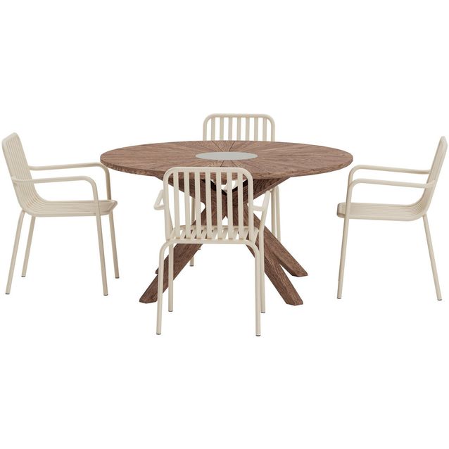 Ruokailuryhmä ulos Venture Home, ruskea Rosario-pöytä Ø140cm + 4 beigeä Peking-tuolia