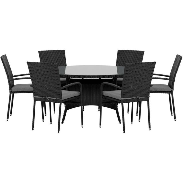 Ruokailuryhmä ulos Venture Home, musta Volta-pöytä Ø150cm + 6 mustaa Anna-tuolia