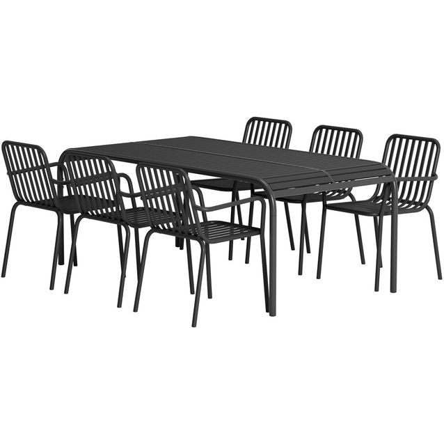 Ruokailuryhmä ulos Venture Home, musta Borneo-pöytä 200x100cm + 6 mustaa Peking-tuolia