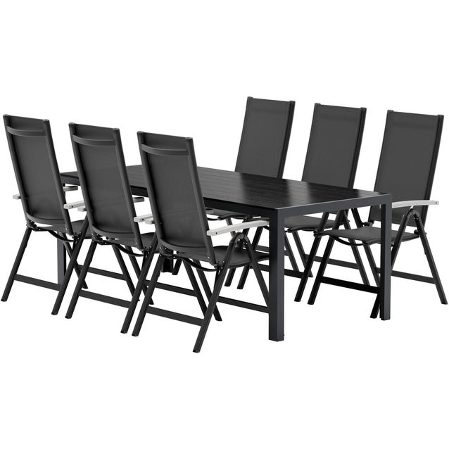 Ruokailuryhmä ulos Venture Home, musta Break-pöytä 205x90cm + 6 mustaa Albany-tuolia