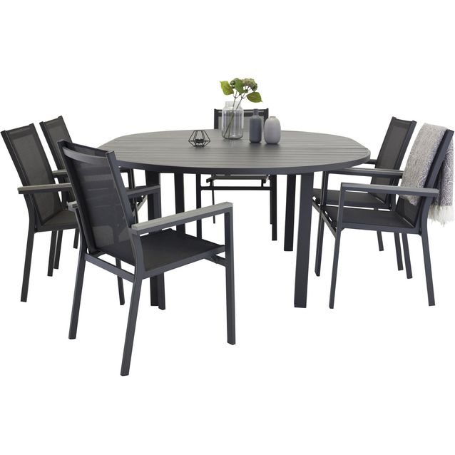 Ruokailuryhmä ulos Venture Home, musta Marbella-pöytä Ø140cm + 6 mustaa Parma-tuolia