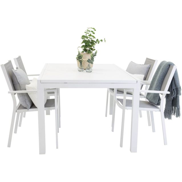 Ruokailuryhmä Venture Home,160/240x100cm jatkettava valkoinen Marbella-pöytä + 4 harmaa/valkoista, pinottavaa Copacabana-tuolia