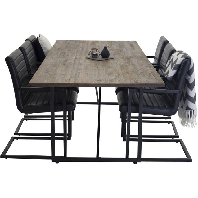 Ruokailuryhmä Venture Home, 250x100cm ruskea Padang-pöytä + 6 mustaa Art-tuolia, keinonahka