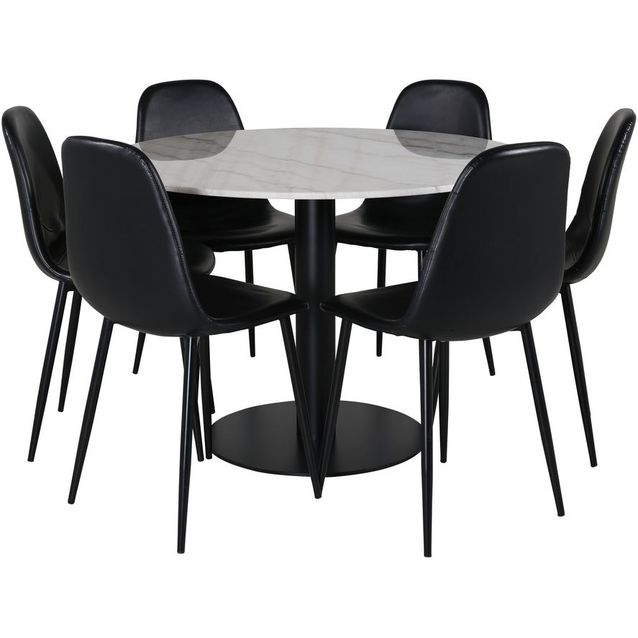 Ruokailuryhmä Venture Home, ⌀106cm valkoinen Estelle-pöytä + 6 mustaa Polar-tuolia, keinonahka