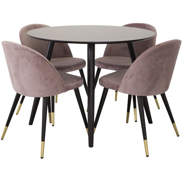 Ruokailuryhmä Venture Home, ⌀100cm musta Plaza-pöytä + 4 Velvet-tuolia, messinki