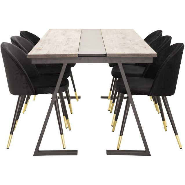 Ruokailuryhmä Venture Home, 200x90cm Jakarta-pöytä + 6 Velvet-tuolia, sametti