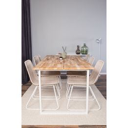 Ruokailuryhmä Venture Home, 200x90cm ruskea Cirebon-pöytä + 6 valkoista Cirebon-tuolia